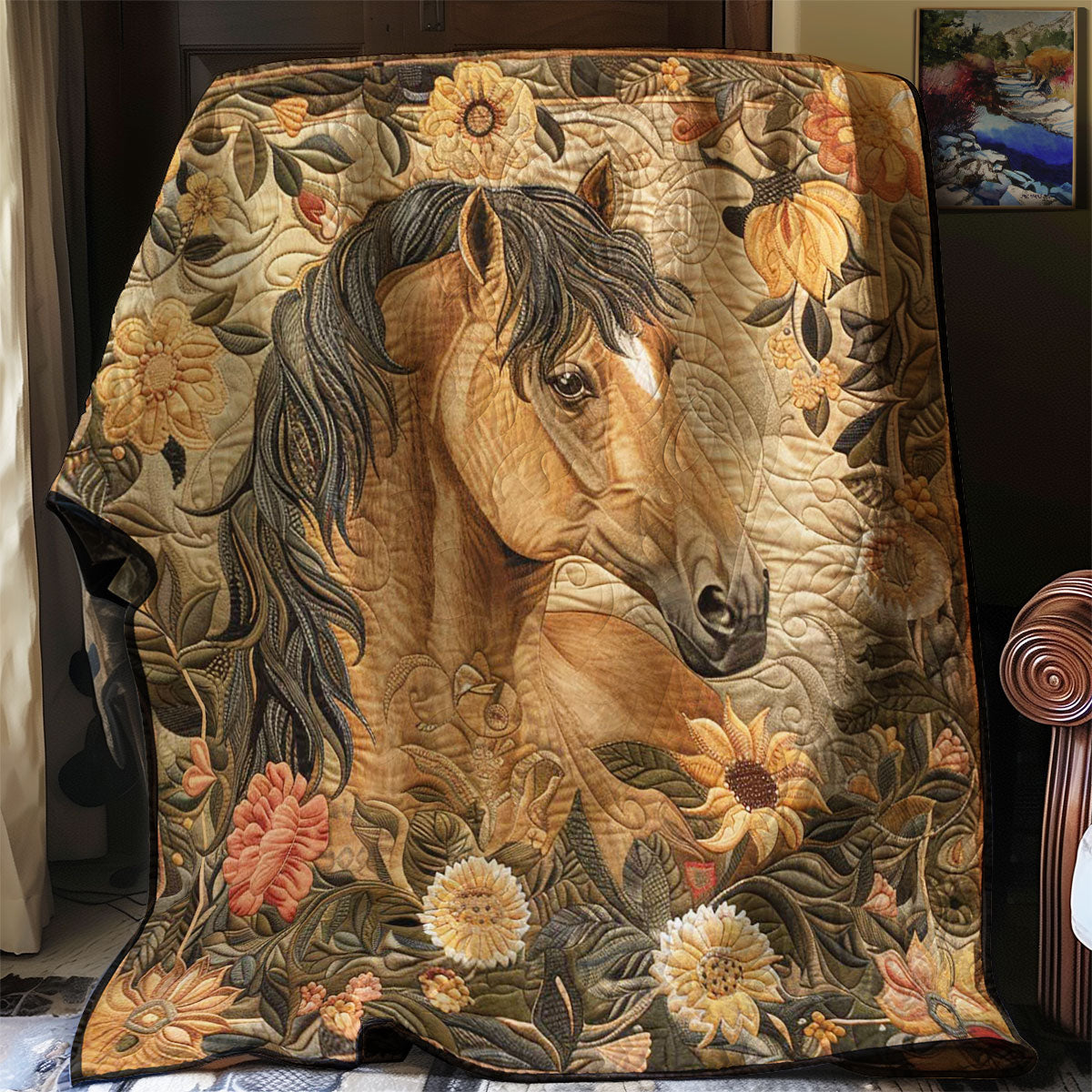 Horse and Blossom Quilt Blanket Christmas Blanket Best Gifts For Horse Lovers
