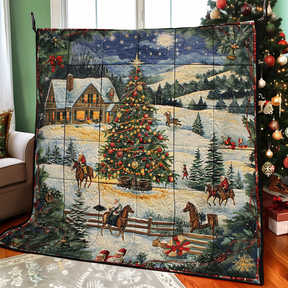 Horse And Christmas Scene Quilt Blanket Couch Blanket Best Special Birthday Gifts For Grandma