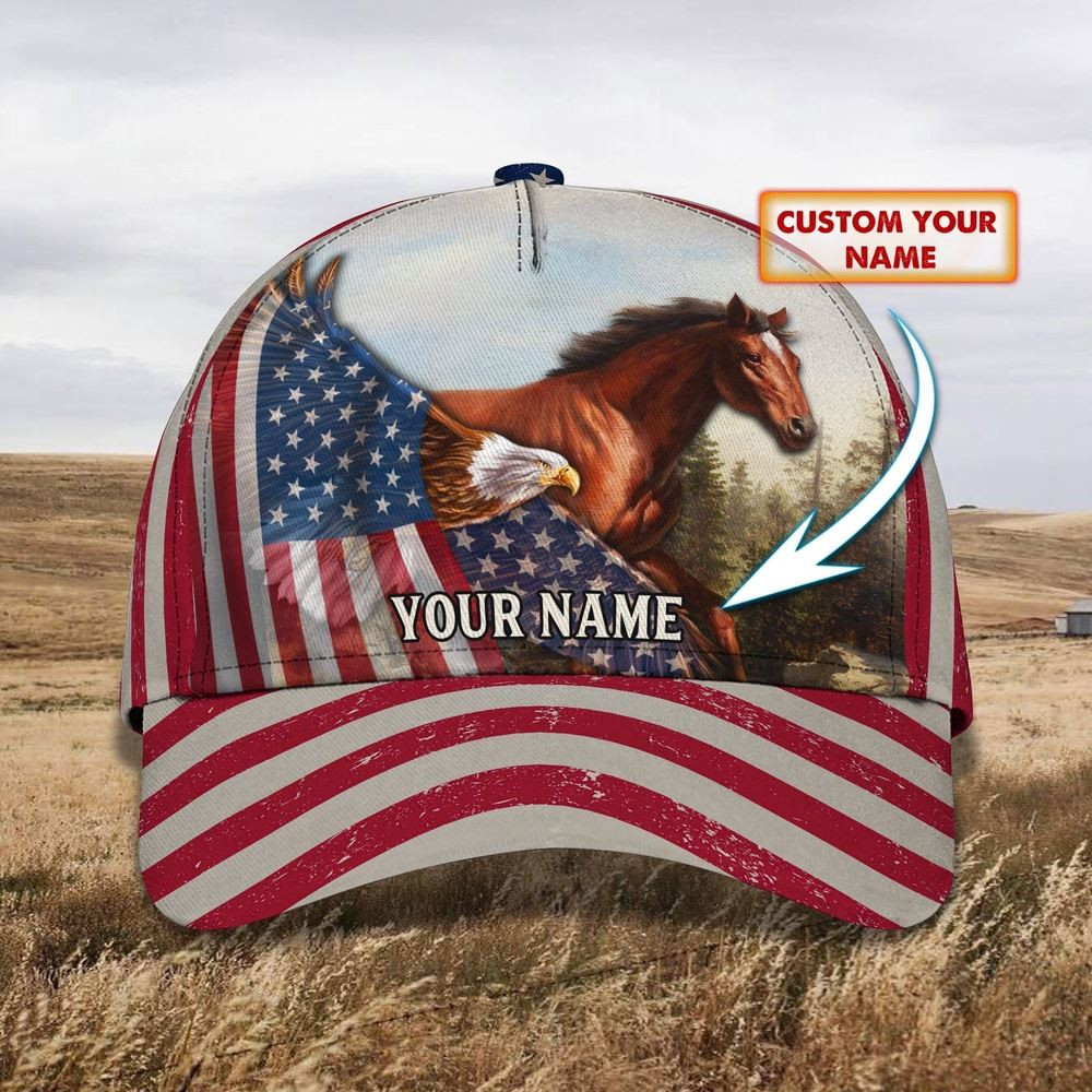 Horse And Eagle American Flag Customized Name Cap Farm Cap Farmer Baseball Cap Gift For Farmer