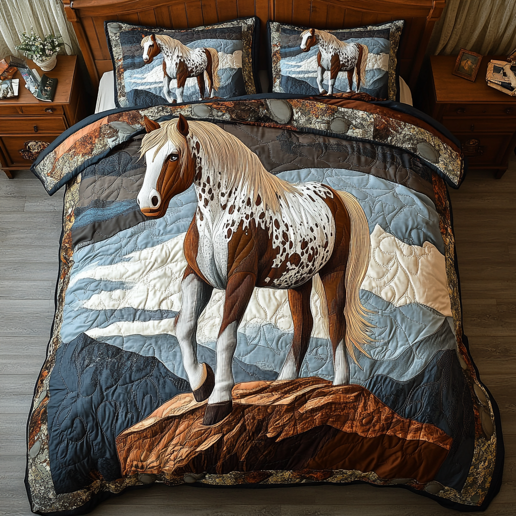 Horse and Sunflowers Quilted Bedding Set Cute Bedroom Decor Unique Gifts For Horse Owners