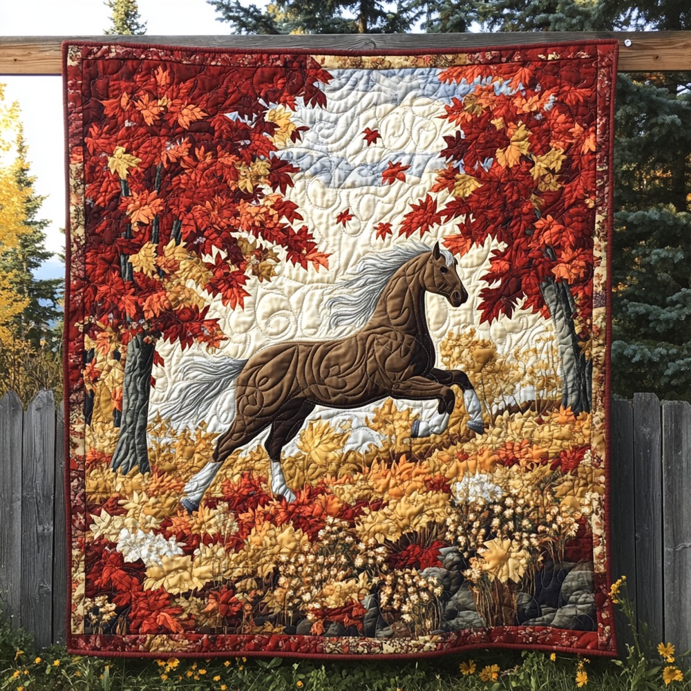Horse Autumn Gallop Quilted Blanket Wild Mustang Fall Leaves Art Throw Best Gift For Horse Lovers