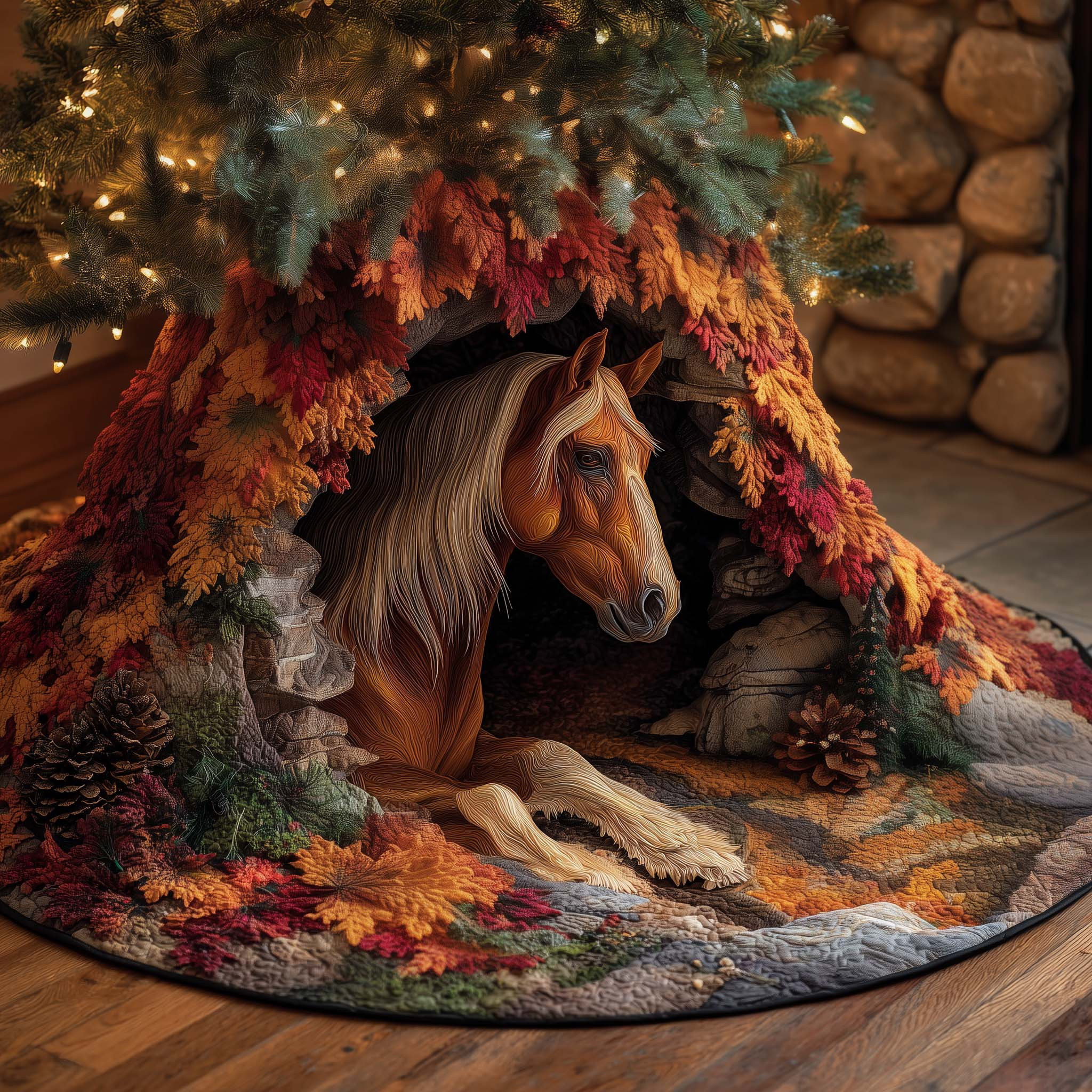Horse Autumn Leaves Christmas Quilted Tree Skirt Xmas Tree Surround Gifts For Horse Lover