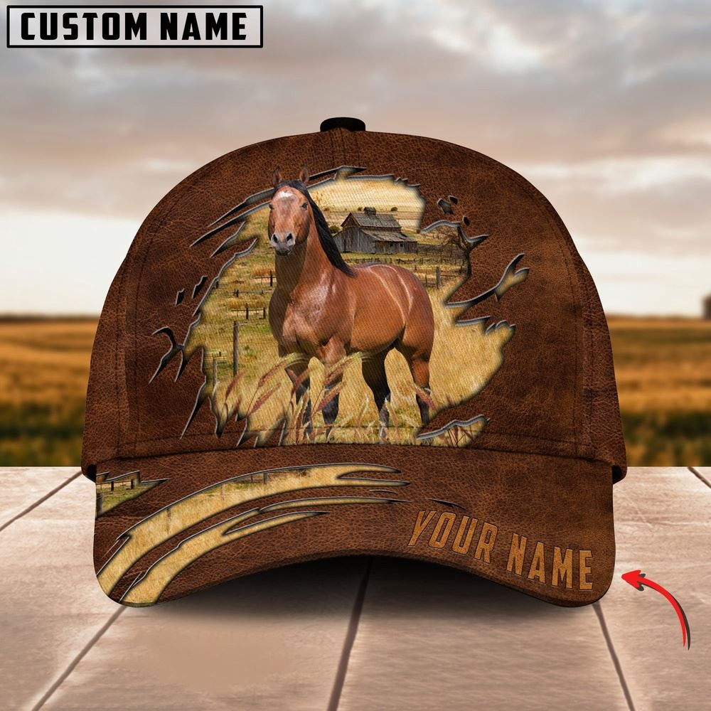 Horse Brown Leather Pattern Customized Name Cap Farm Cap Farmer Baseball Cap Gift For Farmer