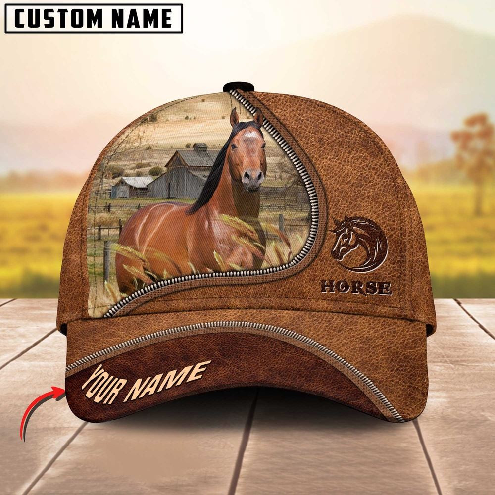Horse Brown Leather Zip Pattern Customized Name Cap Farm Cap Farmer Baseball Cap Gift For Farmer