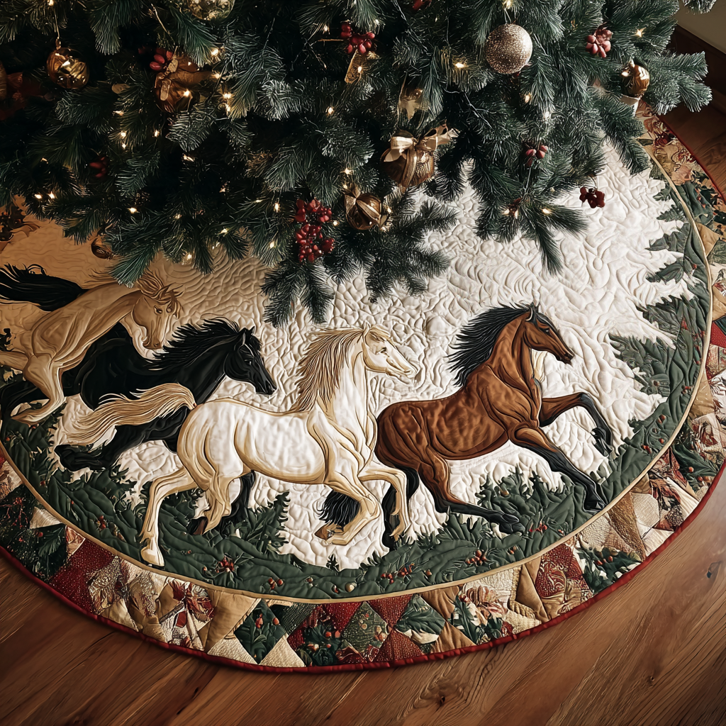 Horse Charm Christmas Quilted Tree Skirt Xmas Home Decor Gifts For Horse Lovers