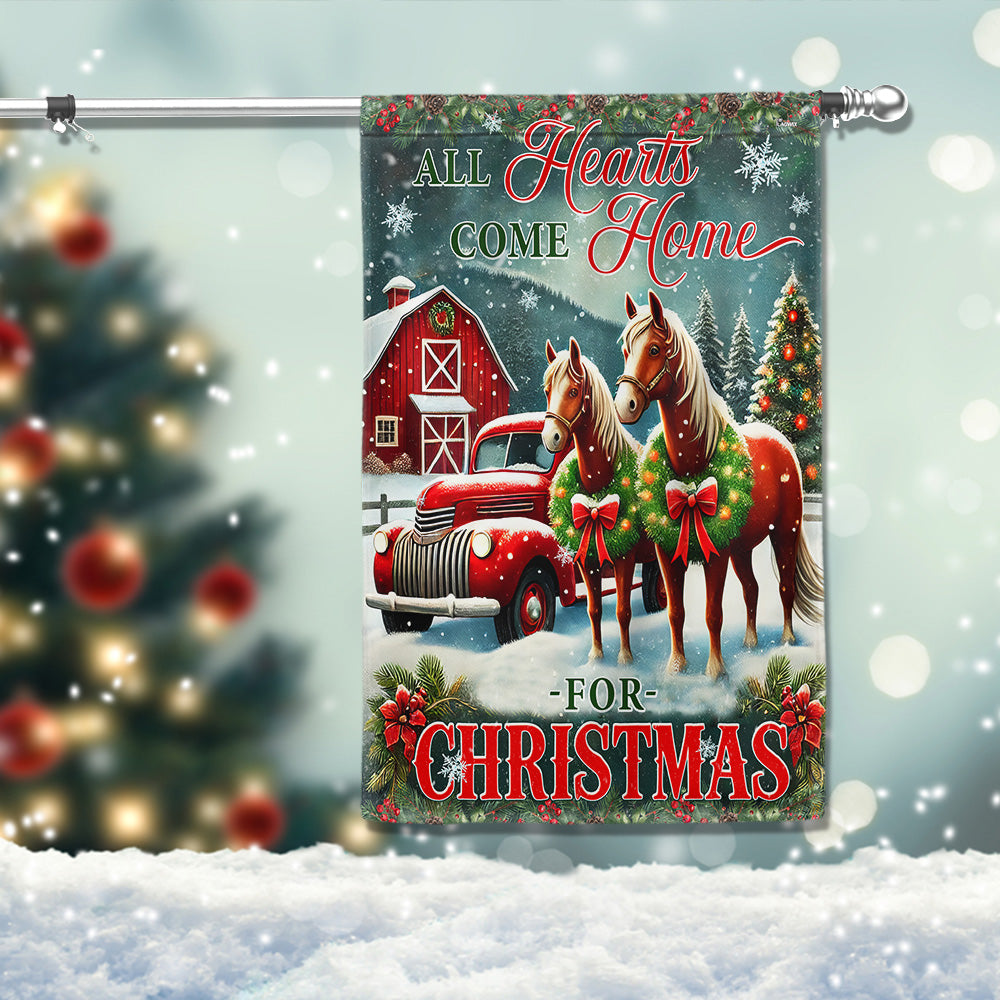 Horse Christmas Flag All Hearts Come Home For Christmas Flag