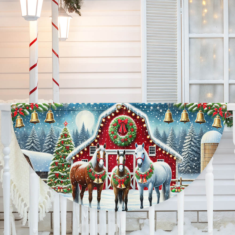 Horse Christmas Holiday Festive Farm Red Barn Non Pleated Fan Flag