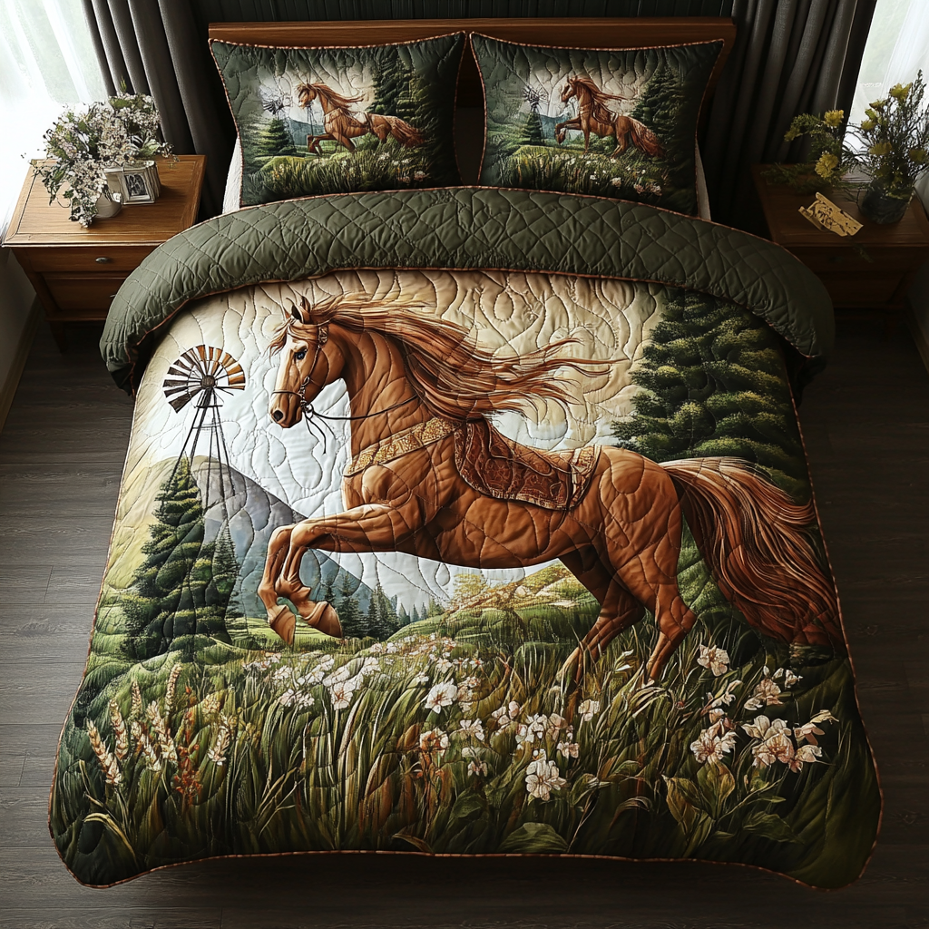 Horse Country Meadow Quilted Bedding Set Bed Decorations Gifts For Someone Who Loves Horses