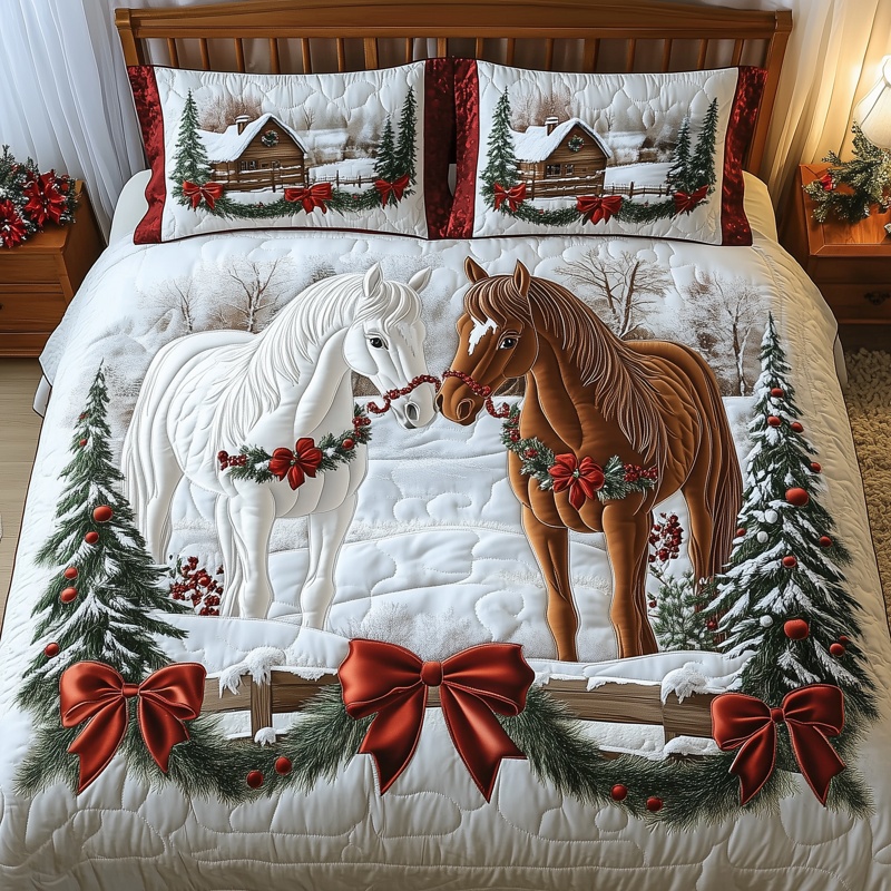 Horse Couple Winter Quilted Bedding Set Christmas Horse Bedroom Decor Gift For Horse Lovers