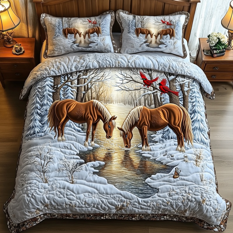 Horse Couple Winter Quilted Bedding Set Holiday Horse Bedroom Decor Gift For Horse Lovers