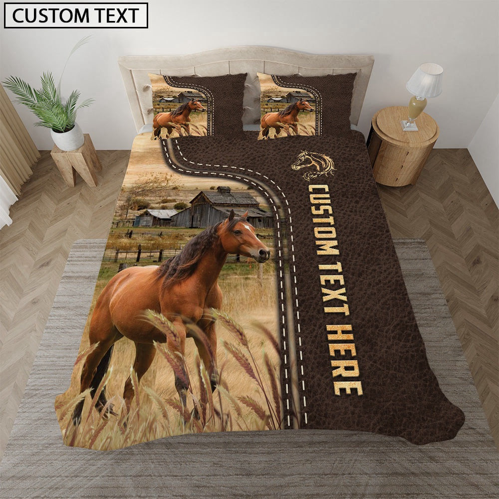 Horse Custom Text Leather Pattern Bedding Set  Anniversary Gifts For Couples