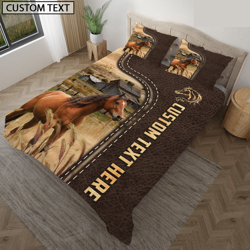 Horse Custom Text Leather Pattern Bedding Set  Anniversary Gifts For Couples
