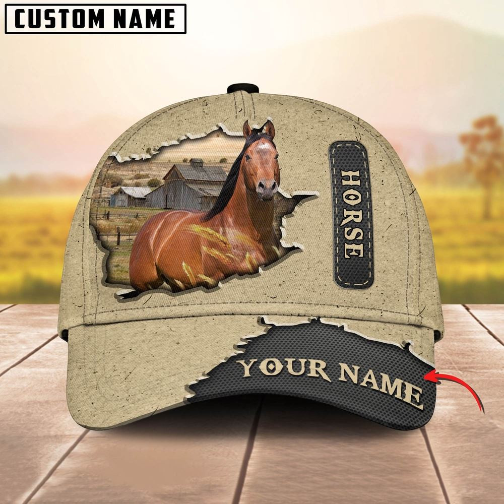 Horse Customized Name Khaki Leather Pattern Cap Farm Cap Farmer Baseball Cap Gift For Farmer