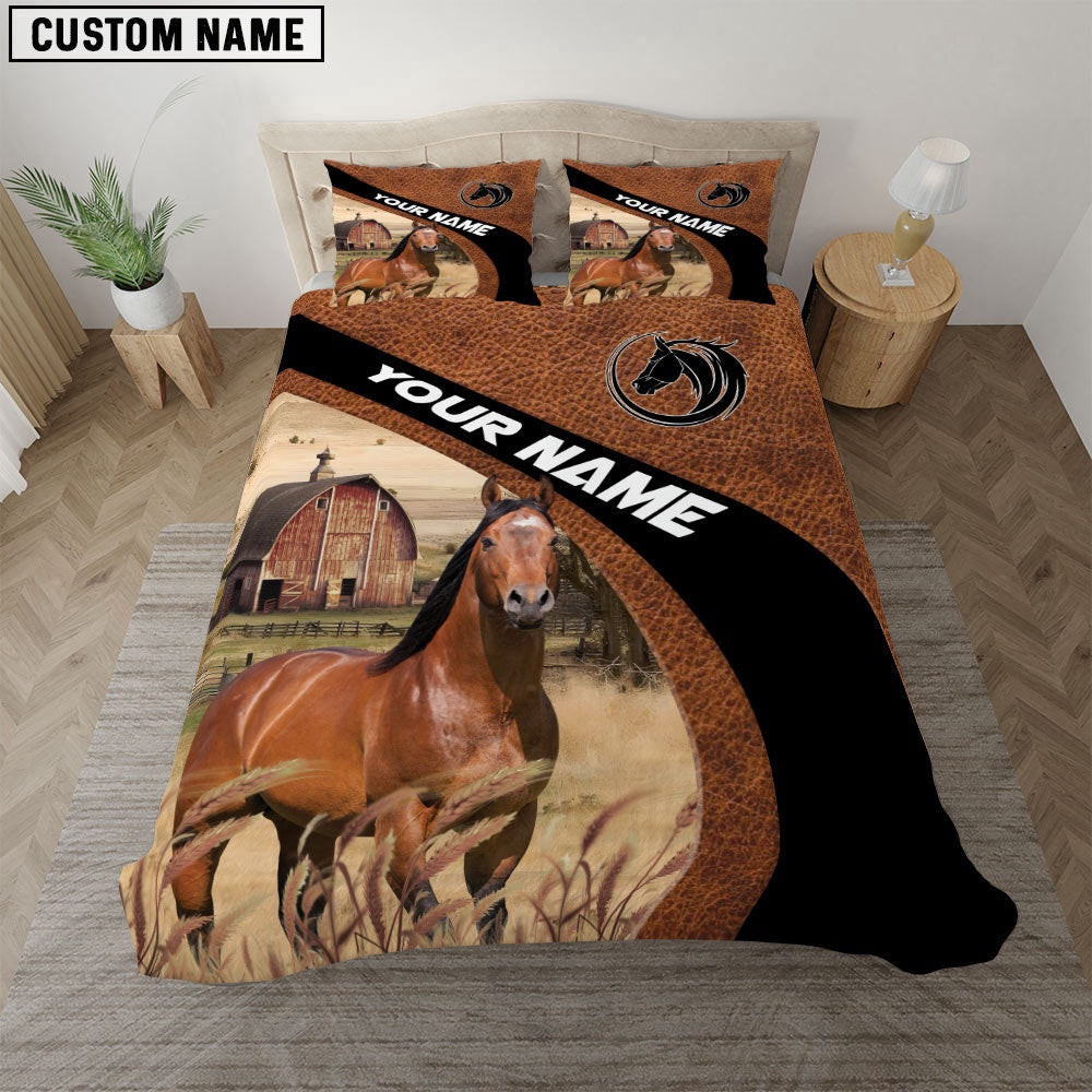 Horse Customized Name Red Barn Bedding Set Anniversary Gifts For Couples