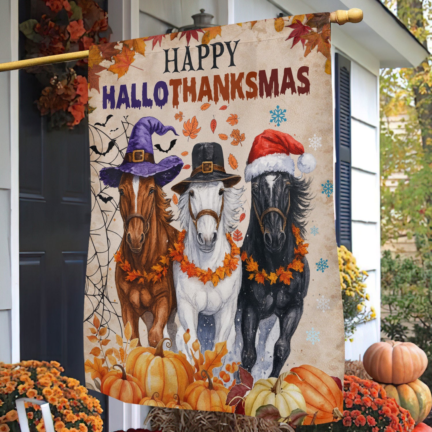 Horse Garden House Flag Happy Hallothanksmas Horse 3 Seasons In 1 Flag Gifts For Horse Lovers