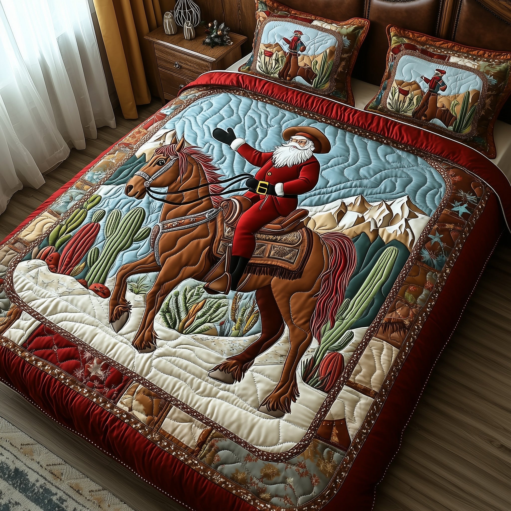 Horse Howdy Santa Charm Christmas Quilted Bedding Set Duvet Cover Bedspread Cowgirl Spirit Theme Gifts