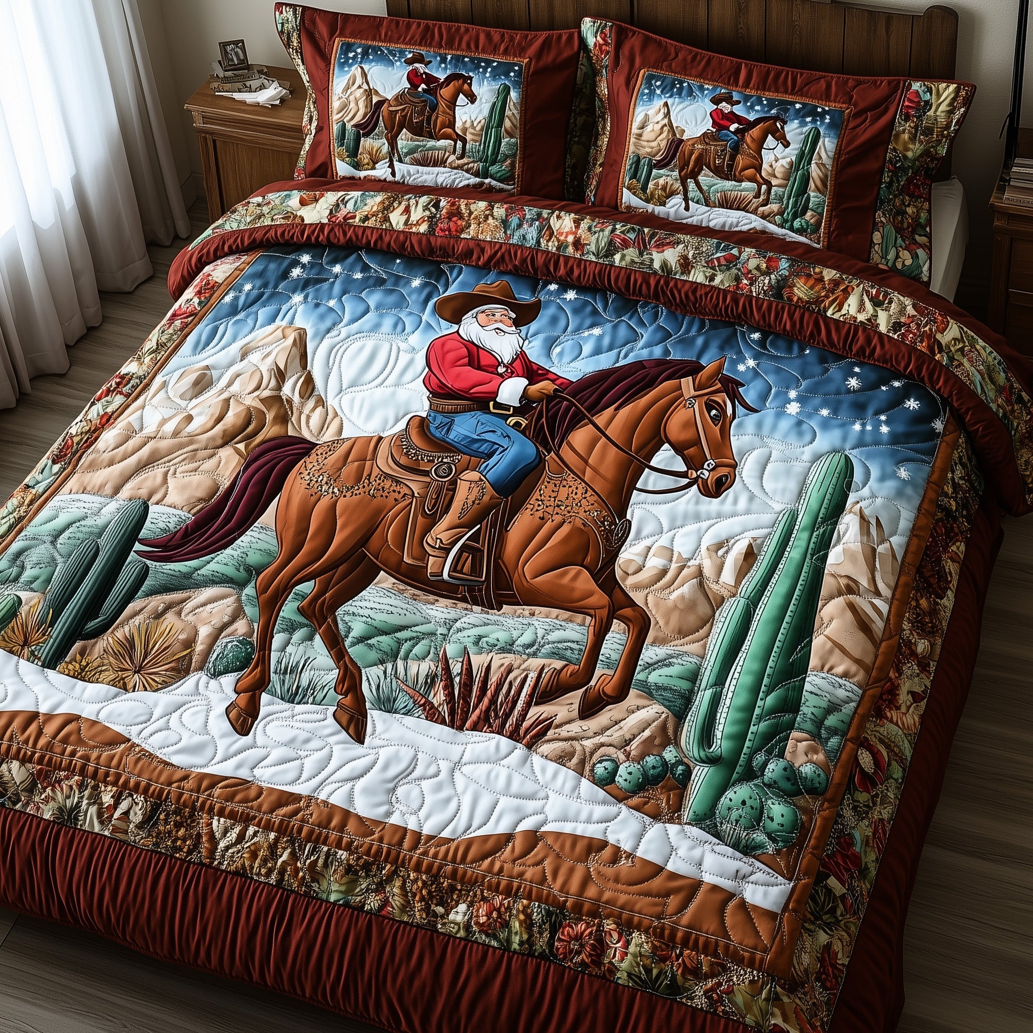 Horse Howdy Santa Charm Christmas Quilted Bedding Set Duvet Cover Bedspread Cowgirl Theme Gifts
