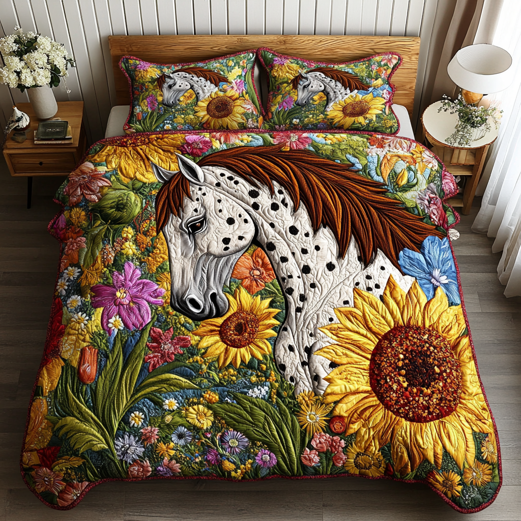 Horse in Bloom Quilted Bedding Set Bedroom Decor Best Christmas Gifts For Equestrians