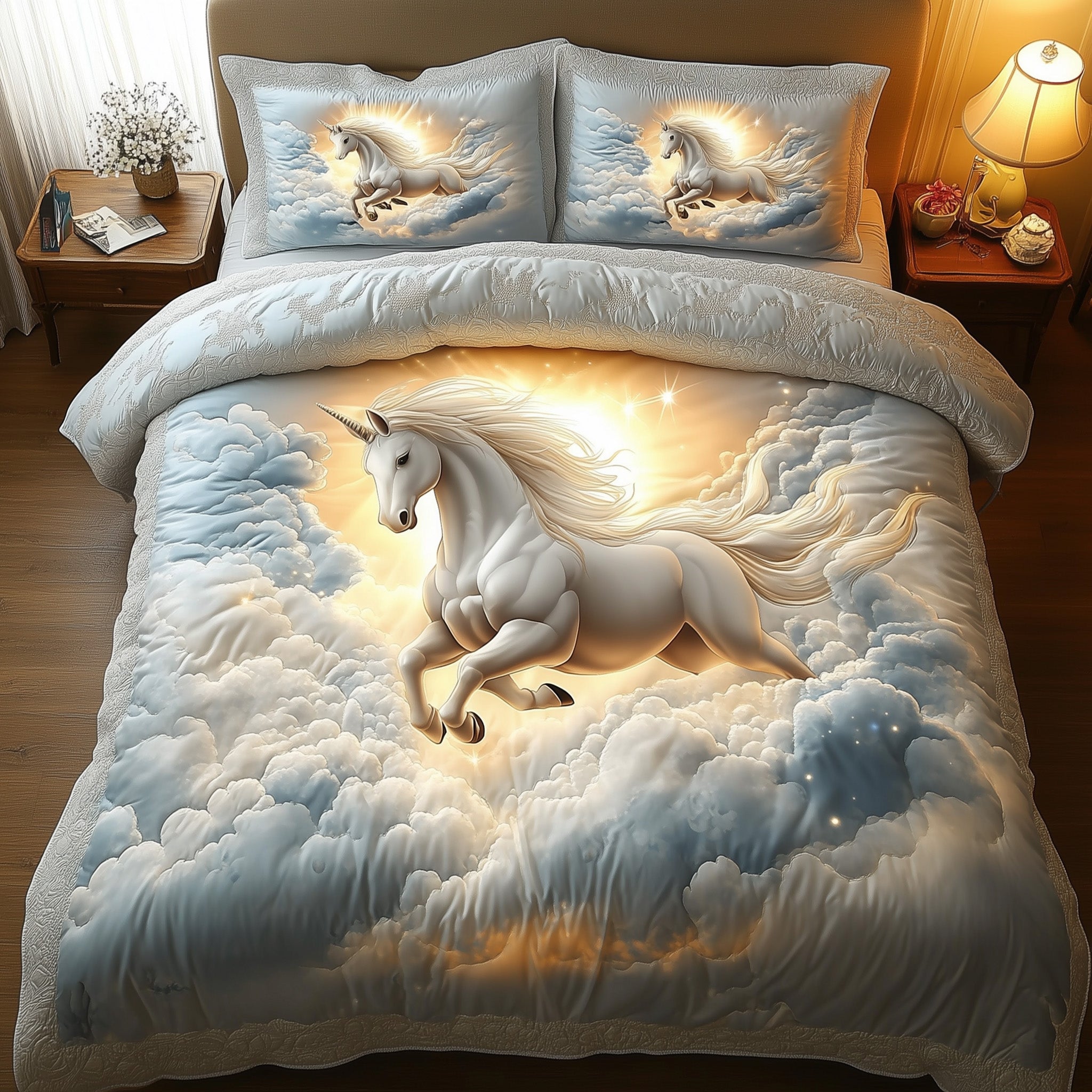 Horse In Heaven Quilted Bedding Set Floral Print