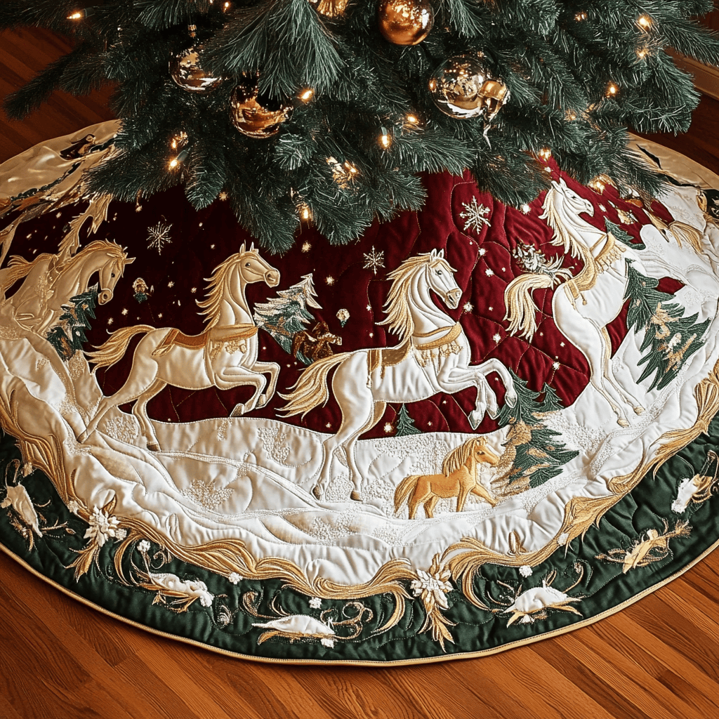 Horse Light Christmas Quilted Tree Skirt Christmas Tree Decorations Holiday Tree Skirt