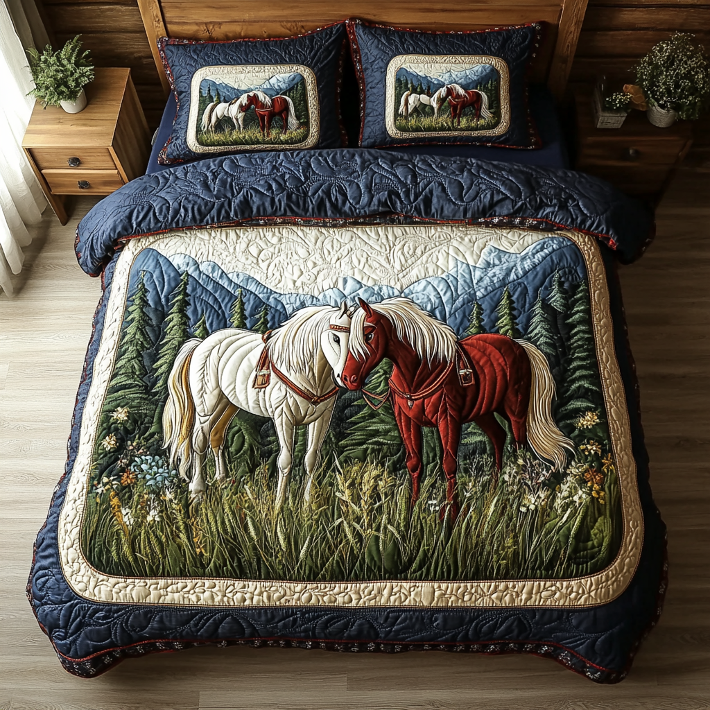 Horse Meadow Quilted Bedding Set Cozy Bedroom Decor Best Gifts For Horse People