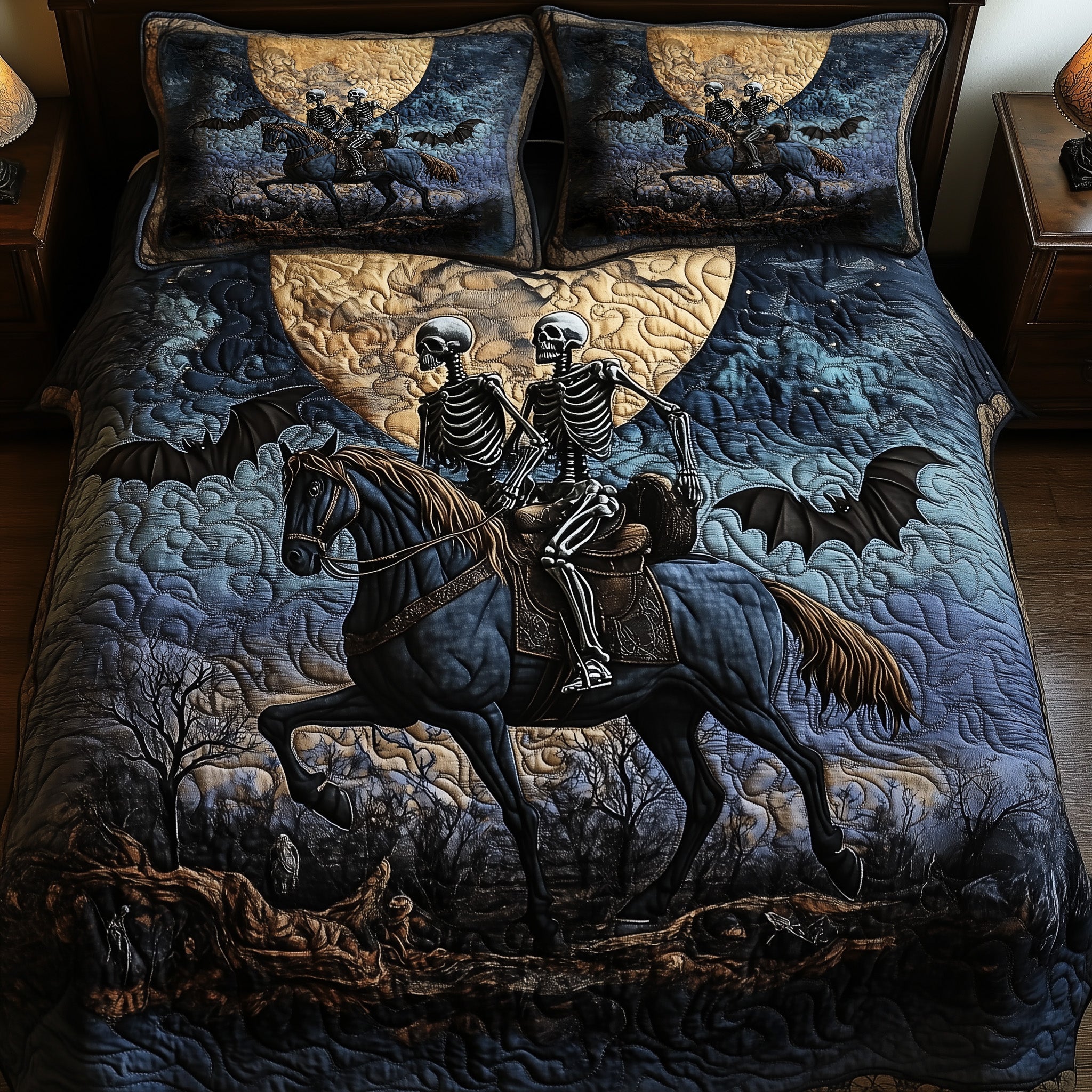 Horse Moonlit Skeleton Riders Halloween Quilted Bedding Set Duvet Cover Bedspread Halloween Presents For Couples