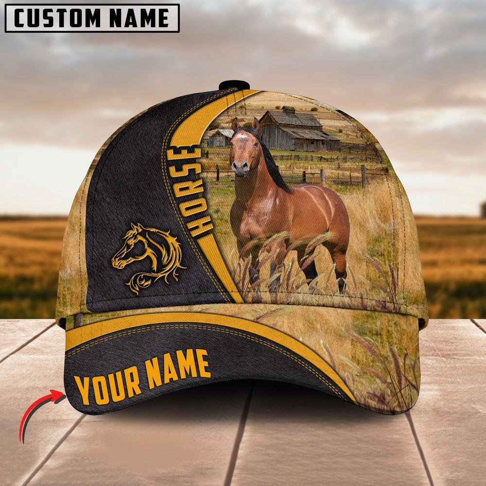 Horse On Farm Black Yellow Leather Pattern Customized 3D Cap Farmer Baseball Cap Gift For Farmer