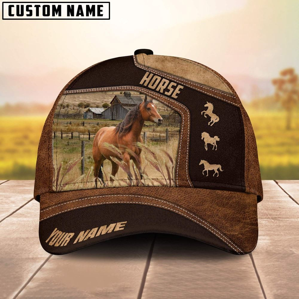 Horse On Farm Brown Leather Pattern Customized 3D Cap Farmer Baseball Cap Gift For Farmer