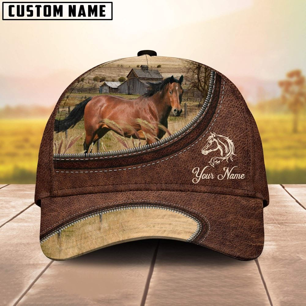 Horse On The Farm Customized Name Leather Pattern Cap Farm Cap Farmer Baseball Cap Gift For Farmer