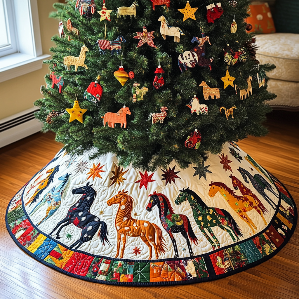 Horse Parade Christmas Quilted Tree Skirt Unique Holiday Gift Merch for Family Homes