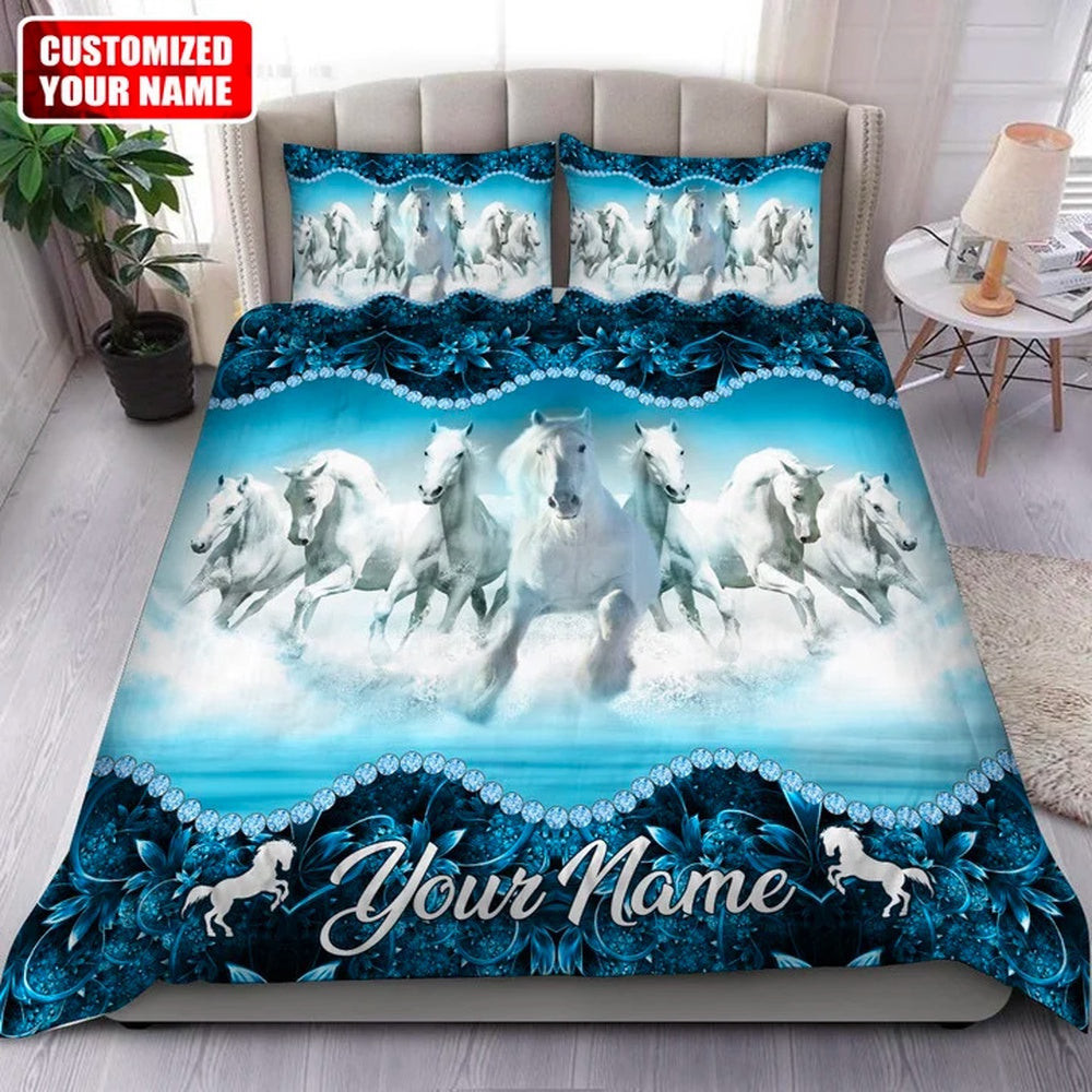 Horse Pattern Customized Name Bedding Set Anniversary Gifts For Couples