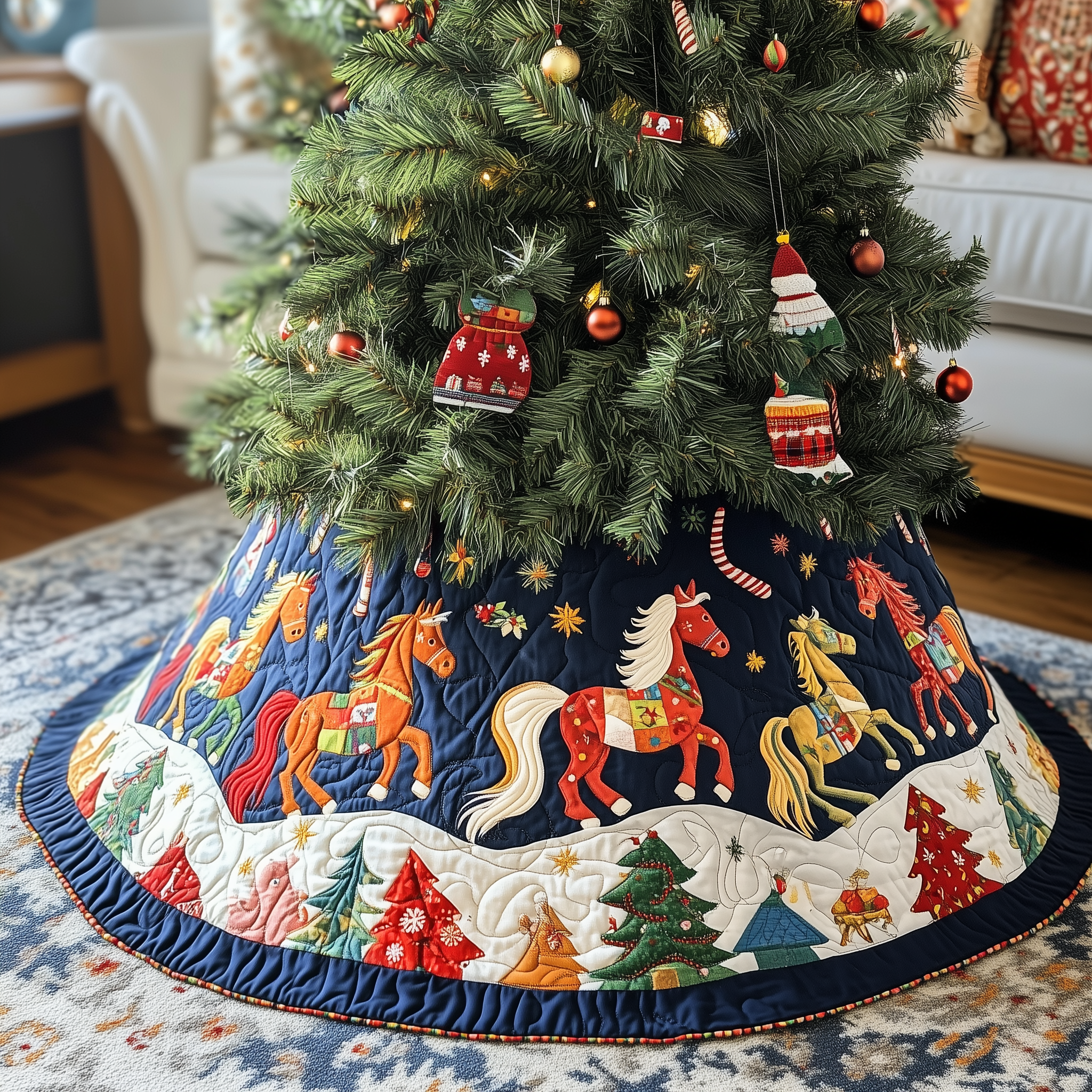 Horse Quilted Tree Skirt Christmas Tree Bottom Cover Christmas Gift for Horse Racing Fans