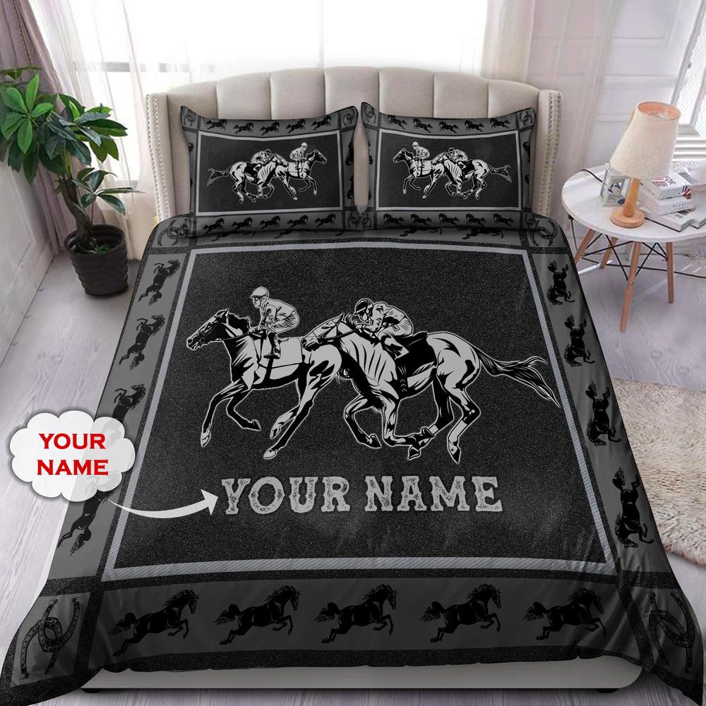 Horse Racing Custom Name Bedding Set Farm Bedding Set Couple Gifts