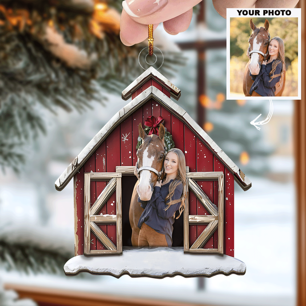 Horse Red Barn Personalized Photo Mica Ornament Christmas Gift For Horse Lovers