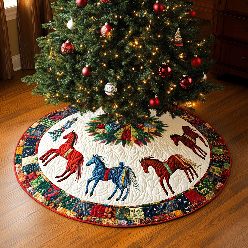 Horse Shine Christmas Quilted Tree Skirt Holiday Decor Christmas Gifts For Horse Lovers