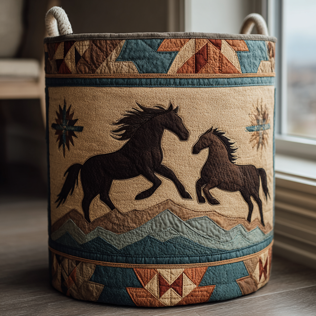 Horse Spirit Quilted Laundry Basket Foldable Laundry Hamper with Quilted Fabric Design