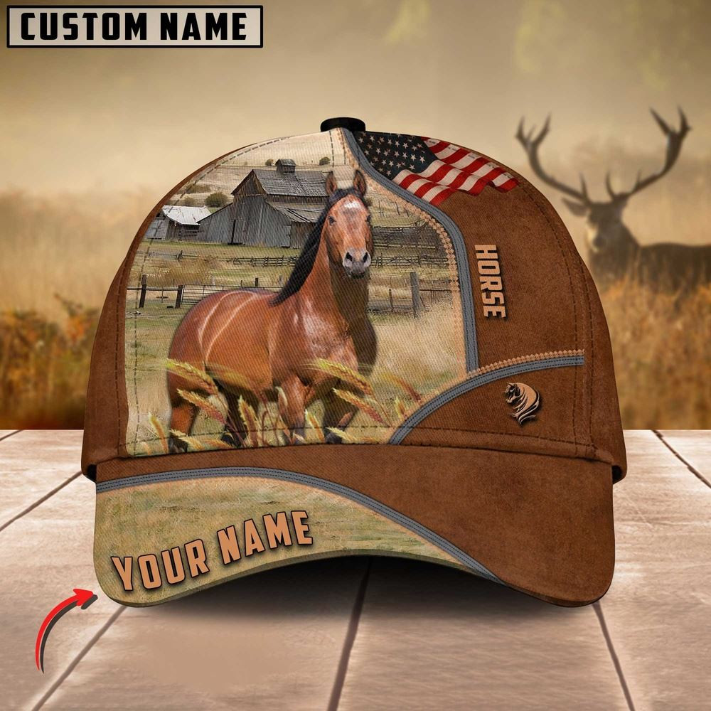 Horse US Flag Customized Name Brown Cap Farm Cap Farmer Baseball Cap Gift For Farmer