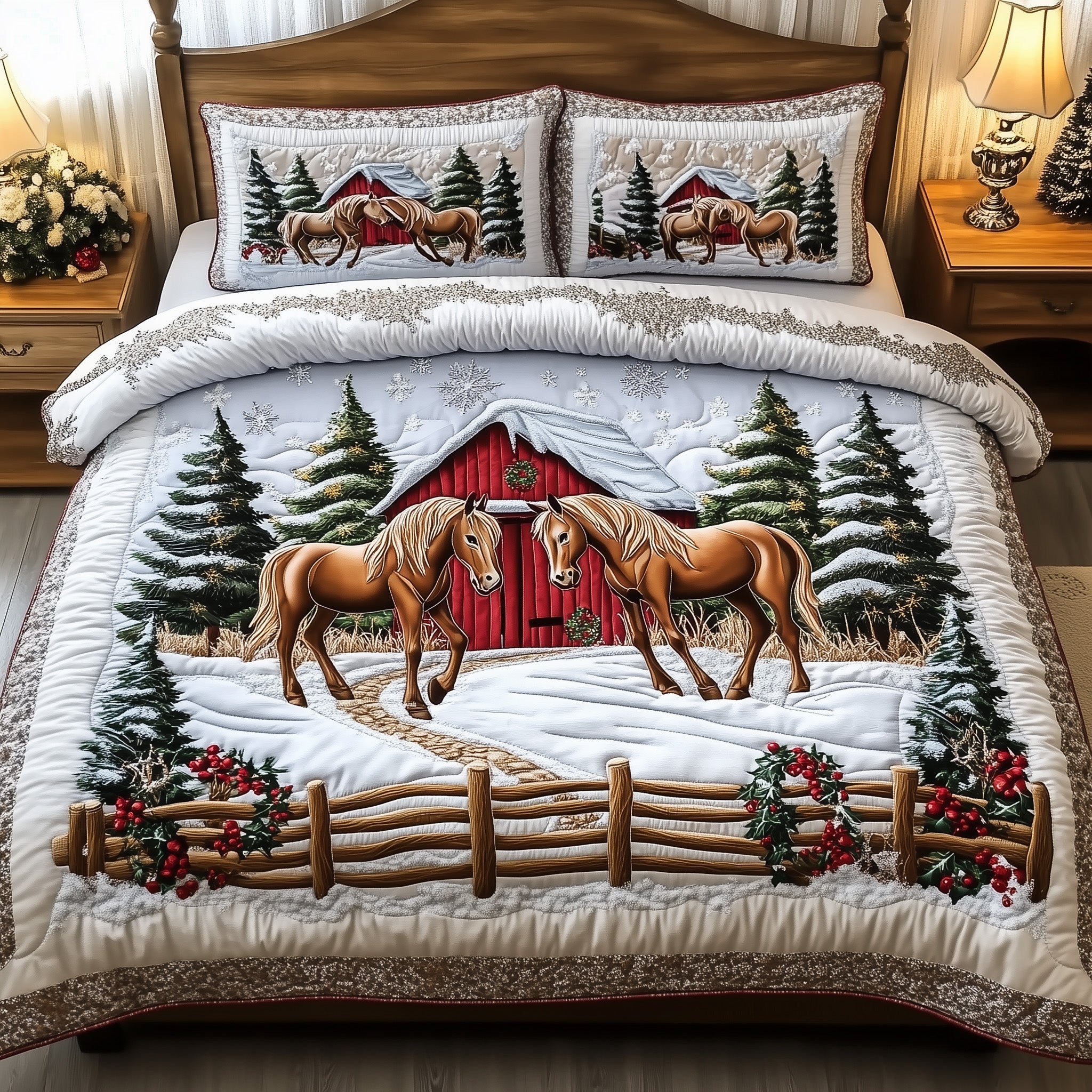 Horse Winter Farmhouse Christmas Quilted Bedding Set Duvet Cover Bedspread Horse Theme Christmas Gifts
