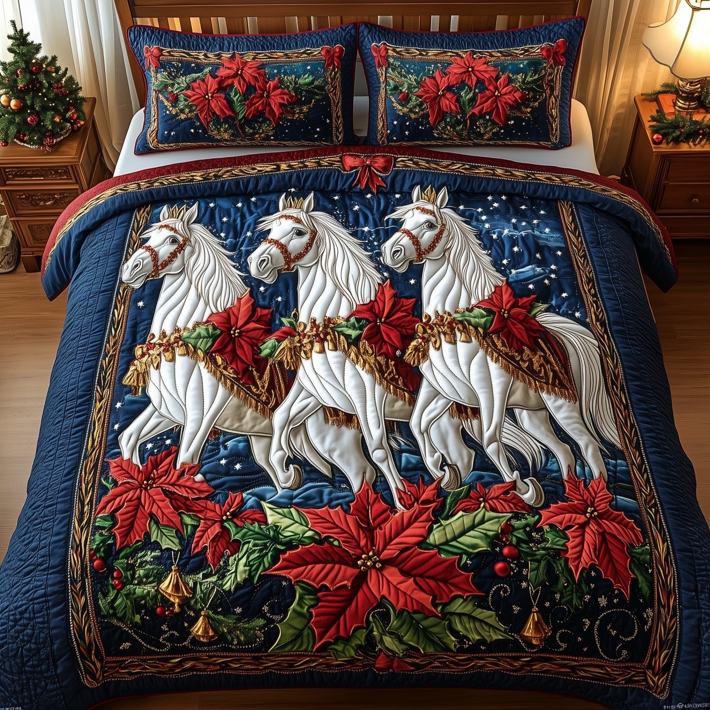 Horse Yuletide Ride Christmas Quilted Bedding Set Duvet Cover Bedspread Winter Gifts For Horse Lovers