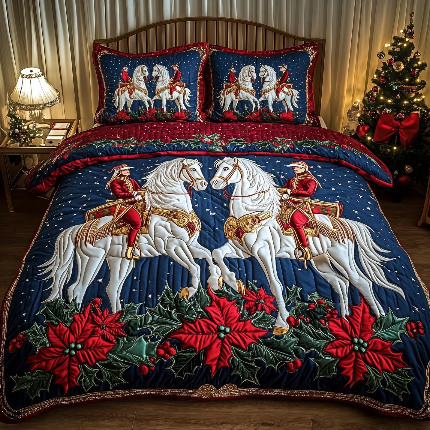 Horse Yuletide Ride Christmas Quilted Bedding Set Duvet Cover Bedspread Xmas Gifts For Horse Lovers