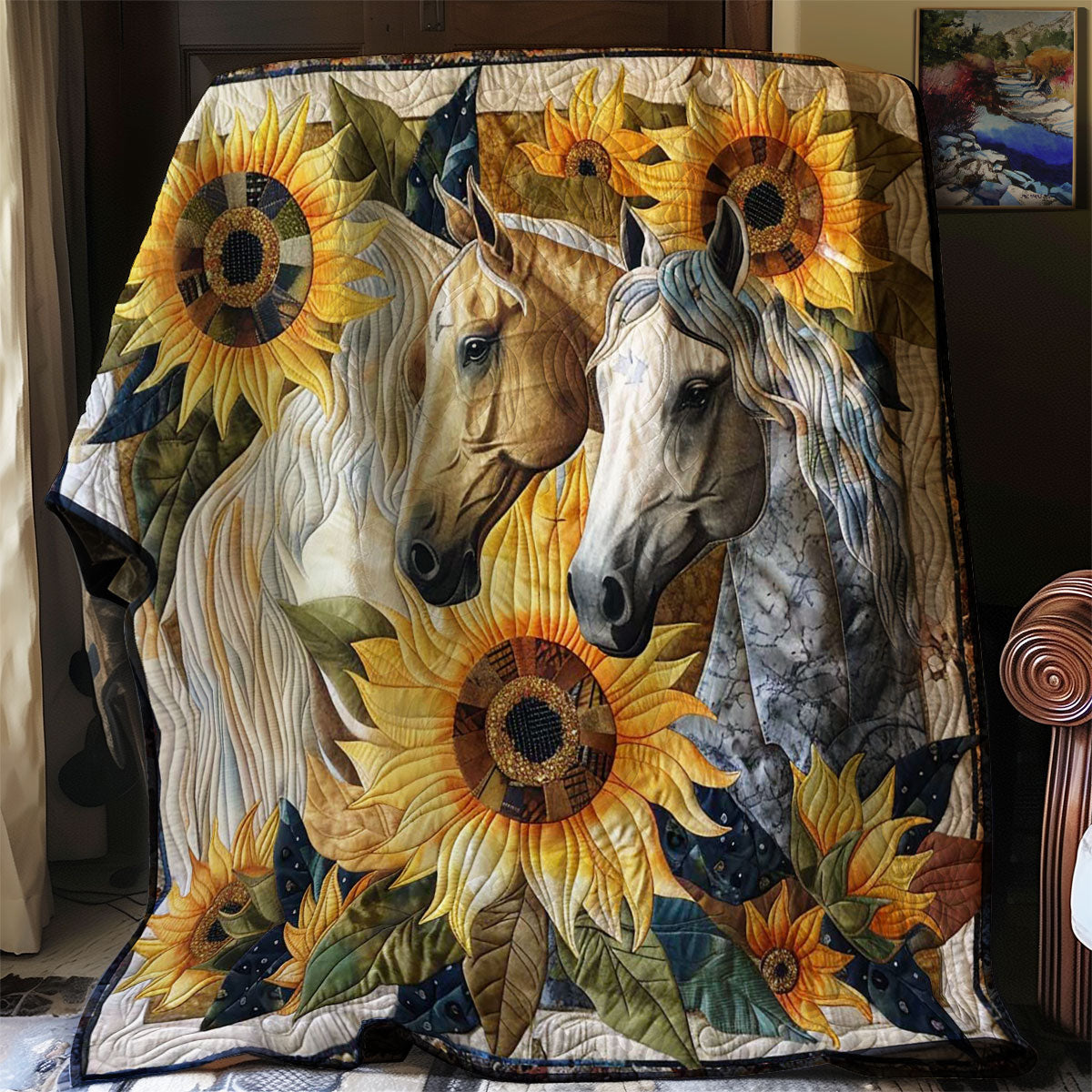 Horses And Sunflowers Quilt Blanket Queen Size Blanket Best Holiday Gifts 2025