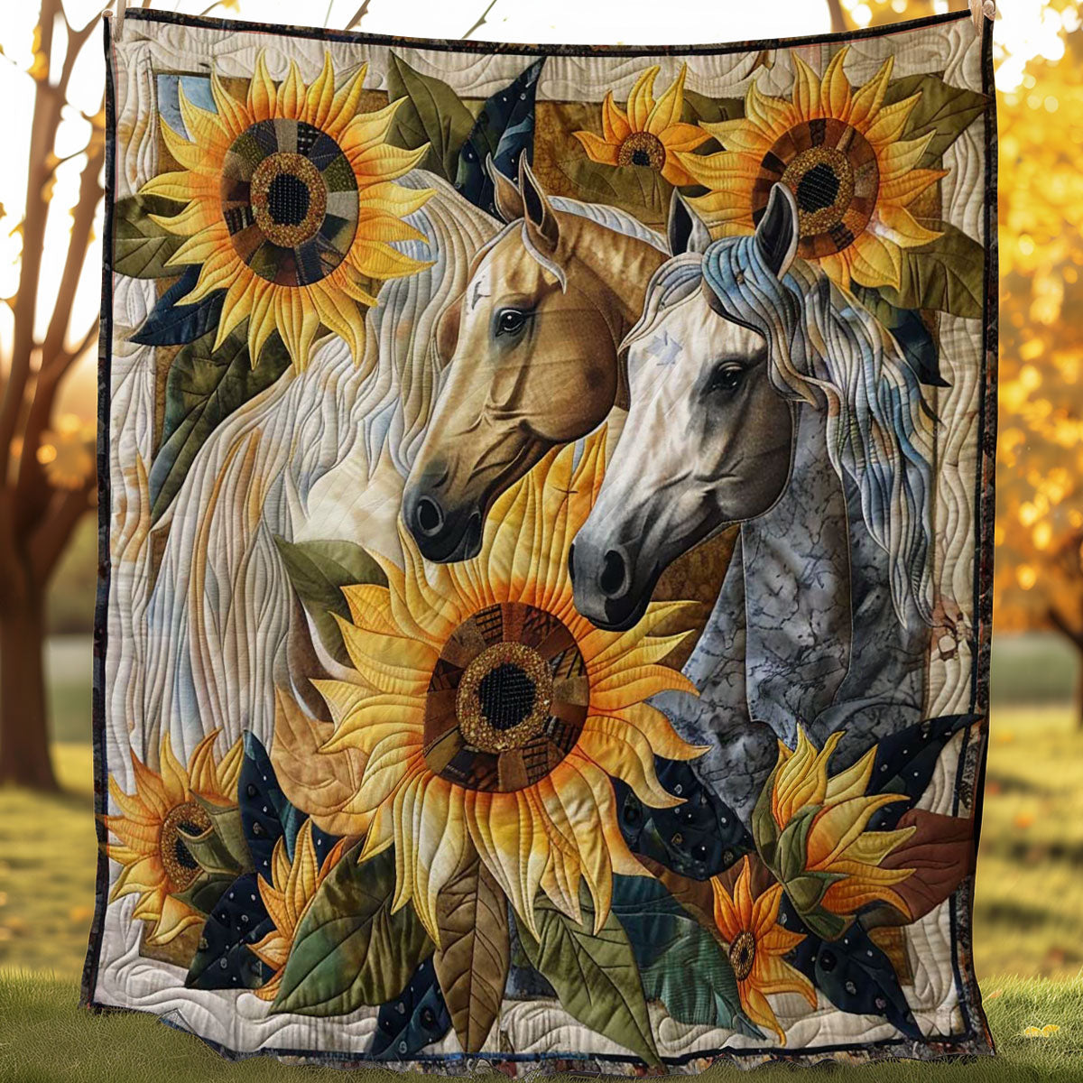 Horses And Sunflowers Quilt Blanket Queen Size Blanket Best Holiday Gifts 2025