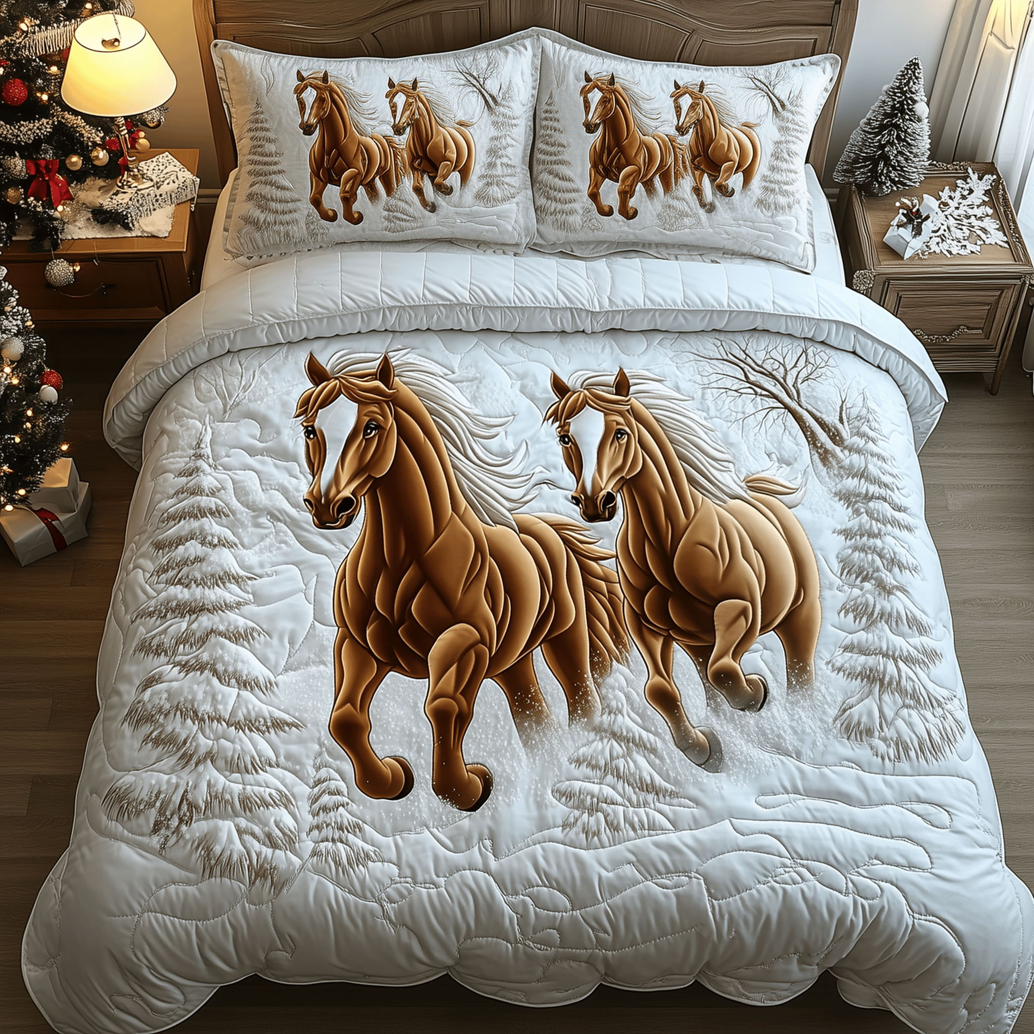 Horses Frosty Trail Quilted Bedding Set Gifts For Horsey Ladies