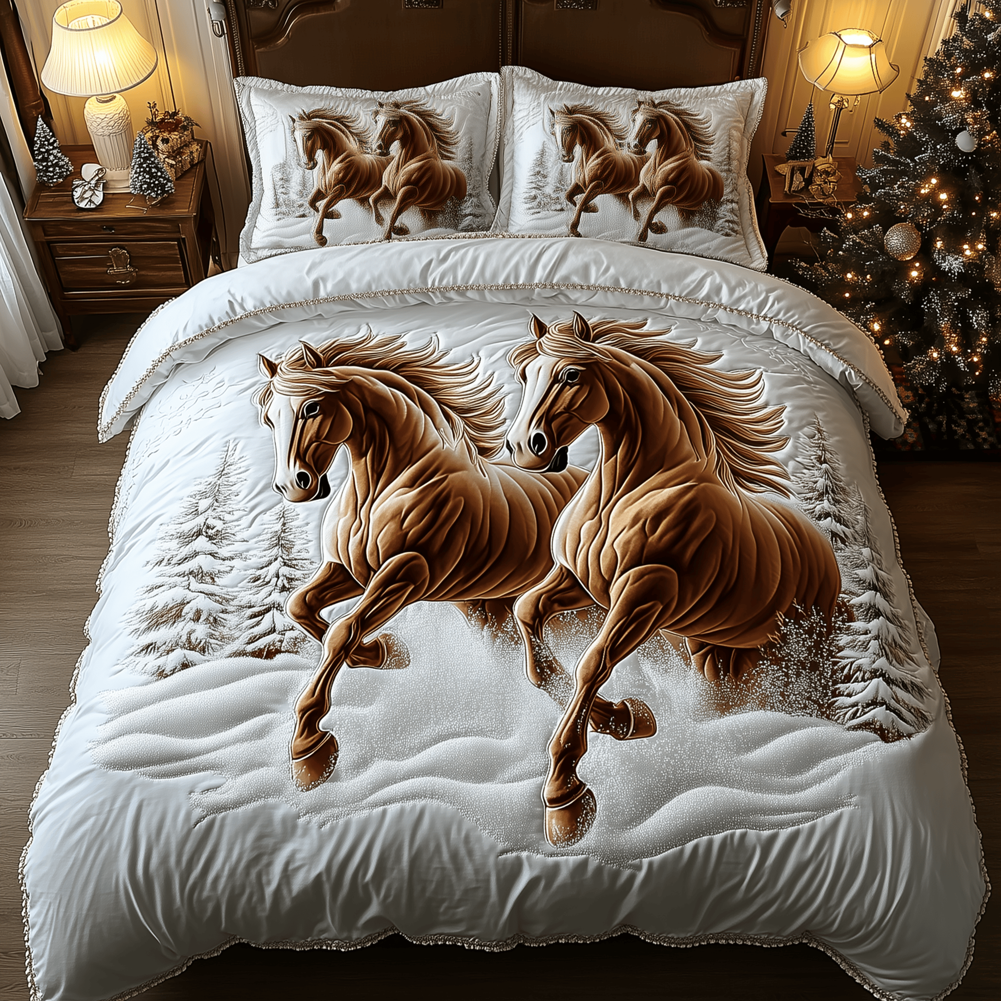 Horses Frosty Trail Quilted Bedding Set Horsey Christmas Gifts