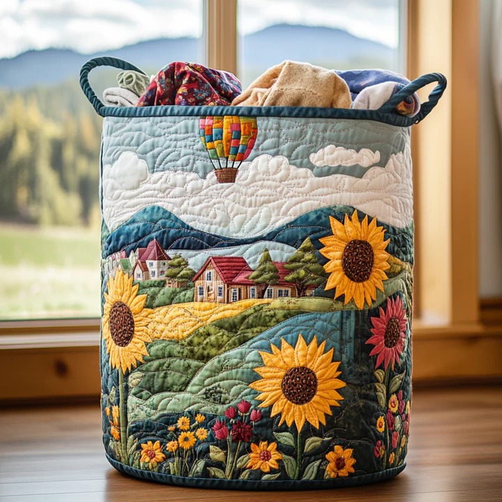 Hot Air Balloon Sunflower Meadow Quilted Laundry Basket Country Home Decor Best Gift For Adventure Lovers
