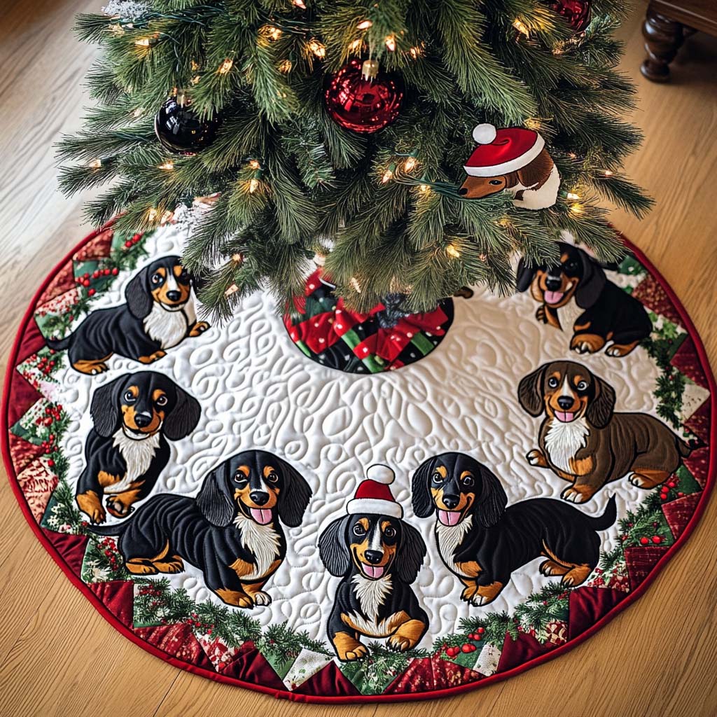 Hot Dog Harmony Christmas Quilted Tree Skirt Custom Christmas Tree Skirt Merch for Your Family