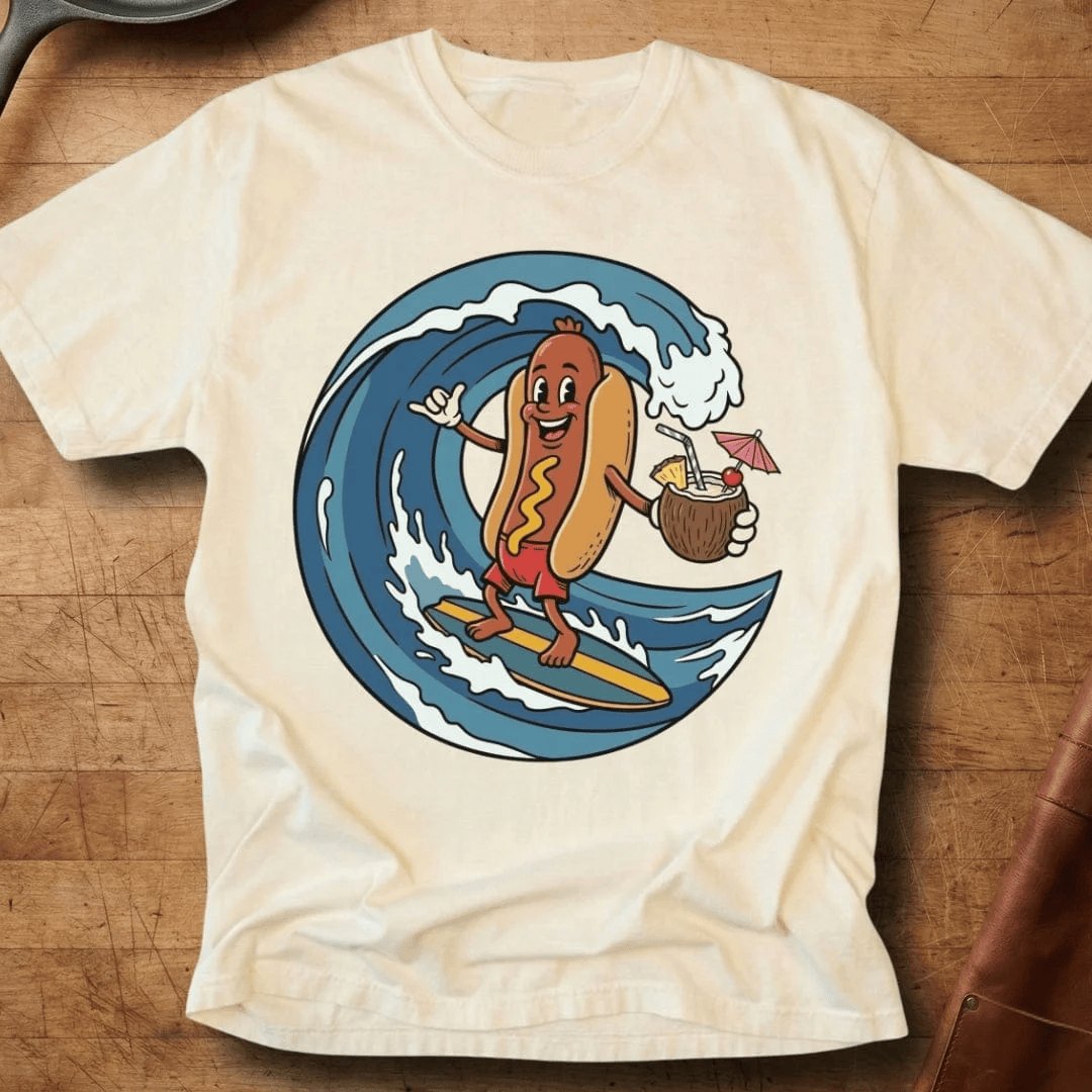 Hot Dog Surfing Summer Wave T-Shirt Hot Dog Holding Coconut Drink Tee Gift For Coastal Lover