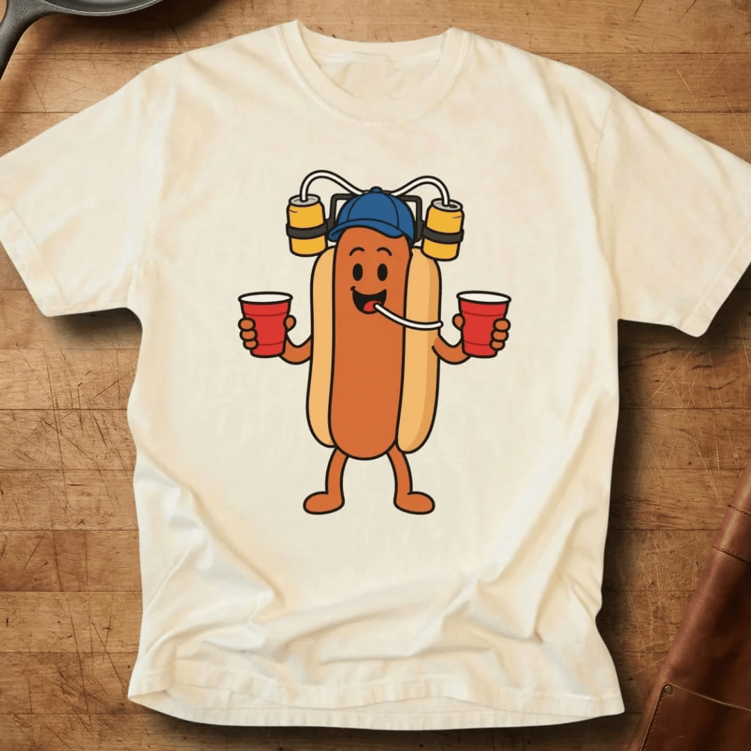 Hot Dog Wearing Beer Helmet T-Shirt Cartoon Hotdog Party Merchandise Gifts For Men
