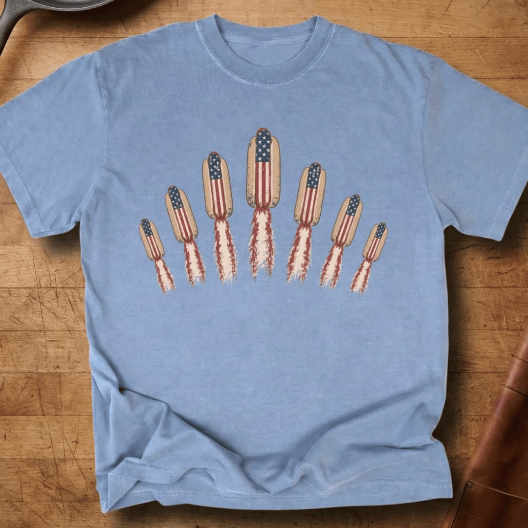 Hot Dogs Flying Like Rockets T-Shirt Hot Dog Rocket American Flag Clothes Gift For Him