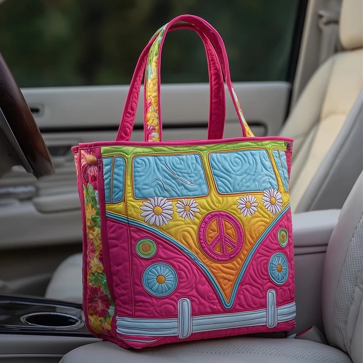 Hot Pink Hippie Van Quilted Tote Bag Daisy Peace Sign Bag Best Gift For Women